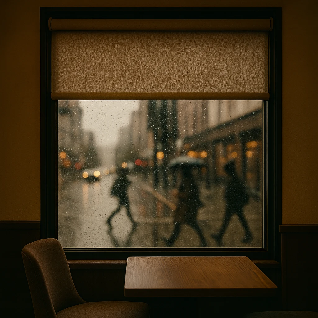 Cordless Blind beside Cozy Rainy Café Window Cordless Blind beside Cozy Rainy Café Window
