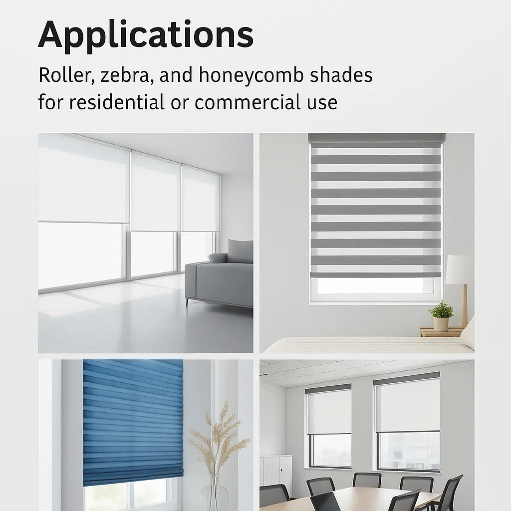collage showing roller, zebra, and honeycomb shades in home and office interiors